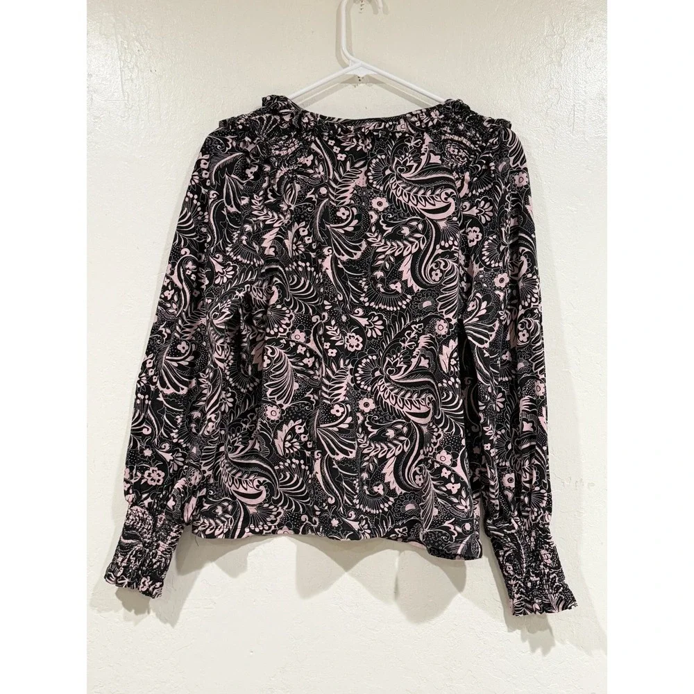 Boden Pink Black Paisley Smocked V-Neck Cotton Blouse Top T1034 US 10 UK 14